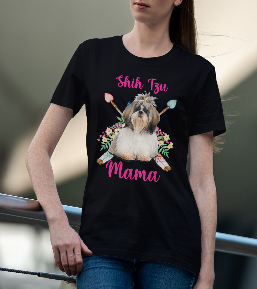 Shih Tzu Mama Cute Mama Dog Lover With Floral And Arrow Accents T-Shirt