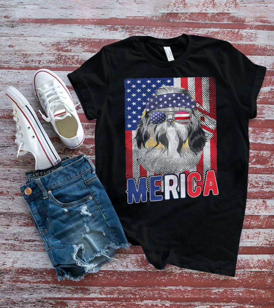 Shih Tzu Merica USA American Flag Patriotic Boys 4 Glasses Headband Stars Stripes T-Shirt