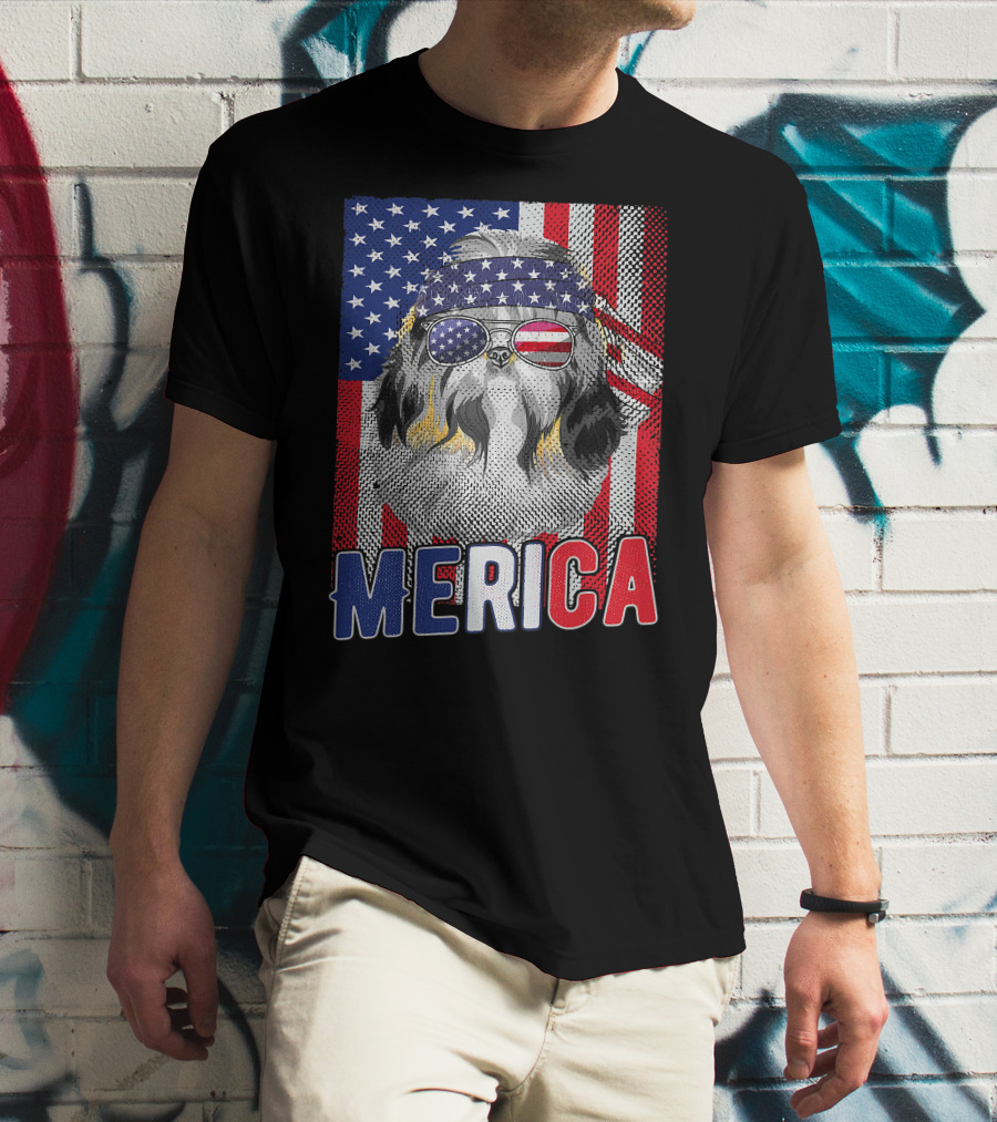 Shih Tzu Merica USA American Flag Patriotic Boys 4 Glasses Headband Stars Stripes T-Shirt