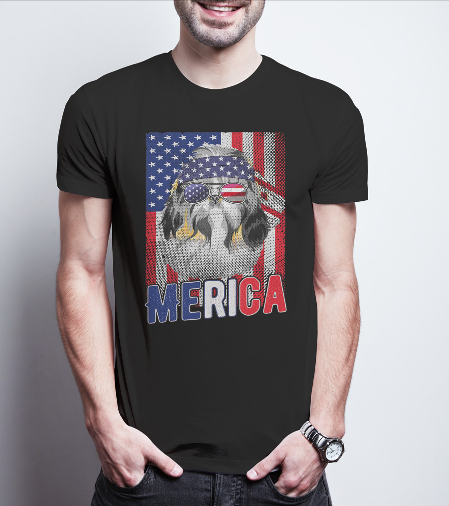 Shih Tzu Merica USA American Flag Patriotic Boys 4 Glasses Headband Stars Stripes T-Shirt