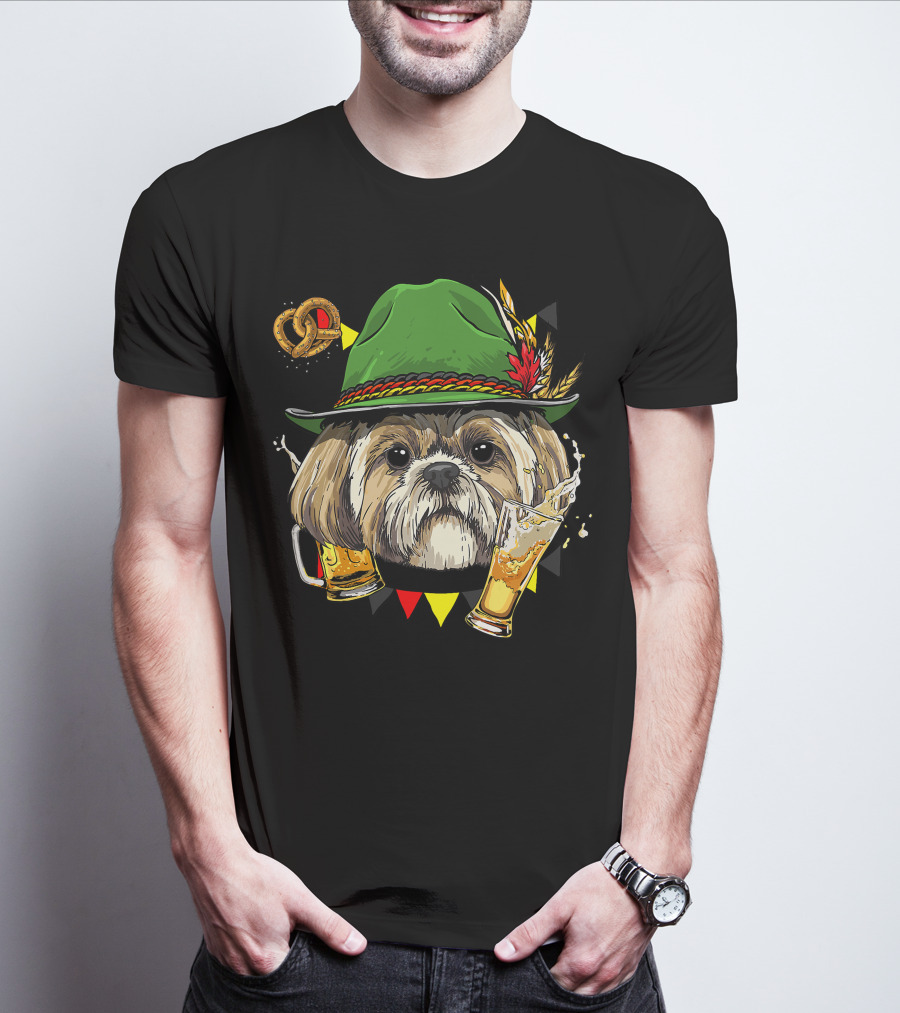 Shih Tzu Oktoberfest Dog With Lederhosen Hat And Beer German Pretzel T-Shirt