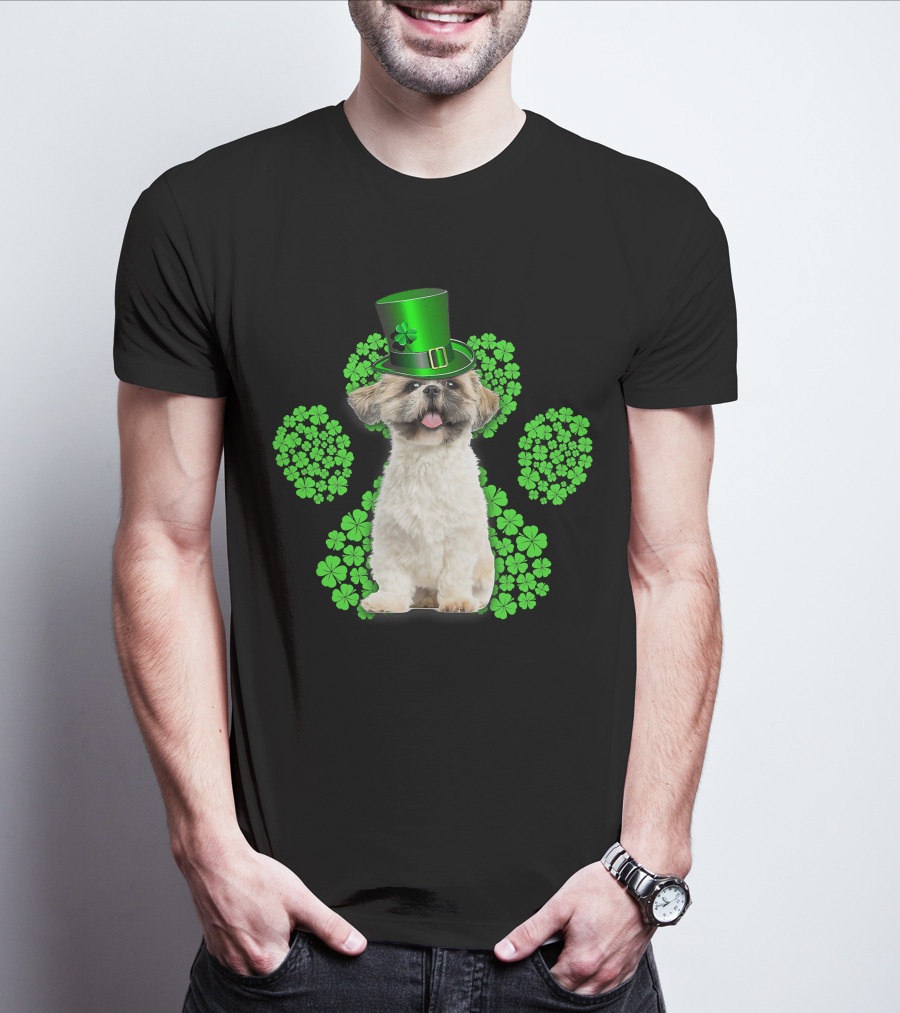 Shih Tzu With Shamrock Paw Prints And Green Hat For St Patrick's Day T-Shirt