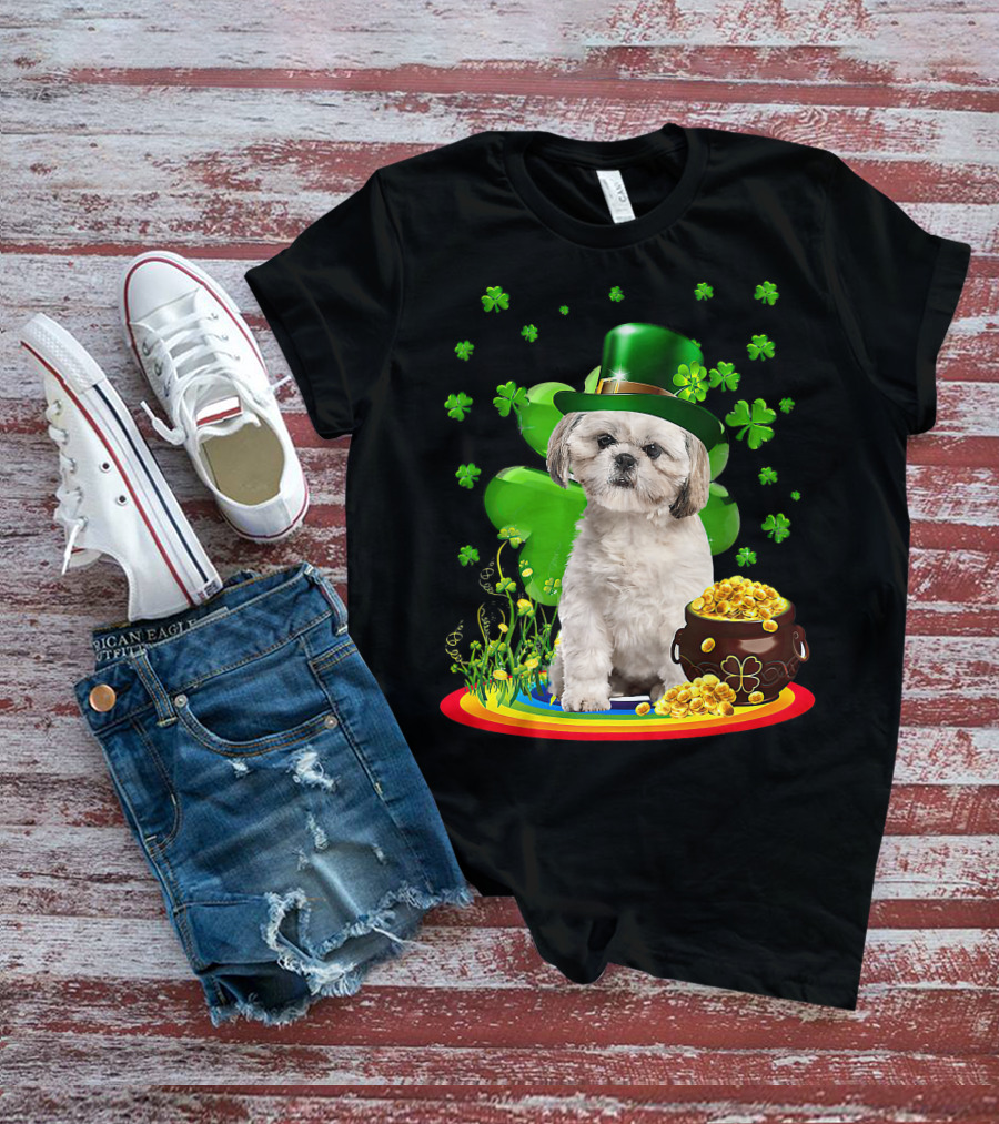 Shih Tzu Irish Shamrock St Patricks Day Lover With Pot Of Gold T-Shirt