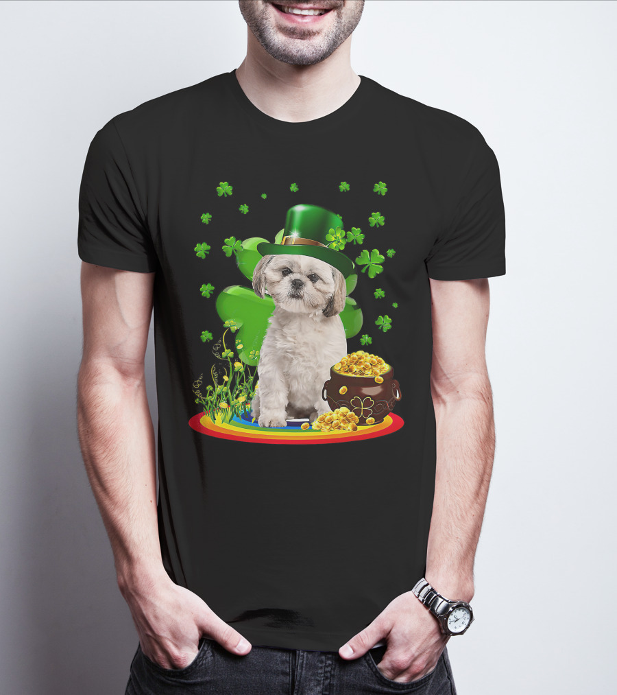 Shih Tzu Irish Shamrock St Patricks Day Lover With Pot Of Gold T-Shirt