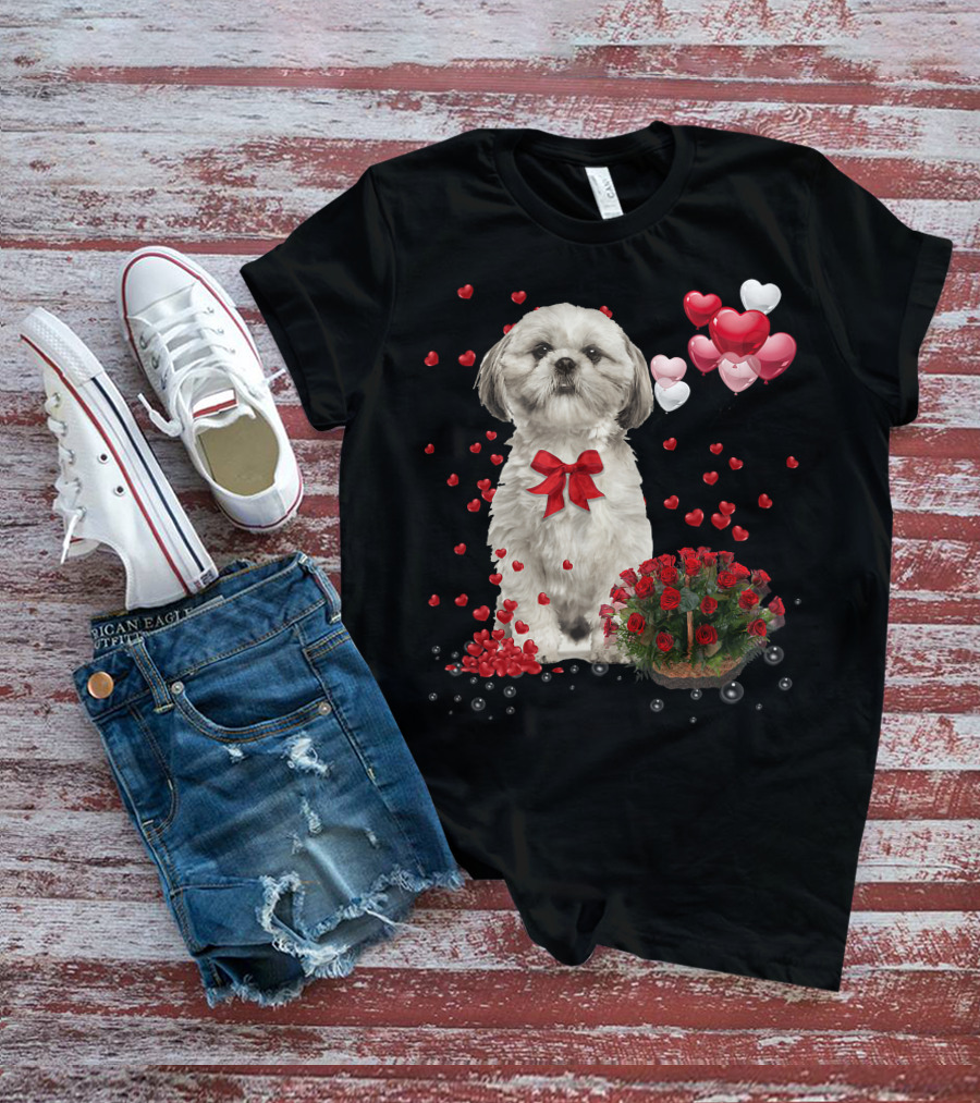 Shih Tzu Valentines Day Funny Dog Lover Happy Vale Roses Hearts Balloons T-Shirt