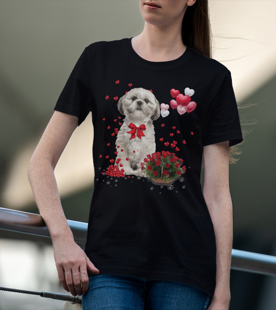 Shih Tzu Valentines Day Funny Dog Lover Happy Vale Roses Hearts Balloons T-Shirt