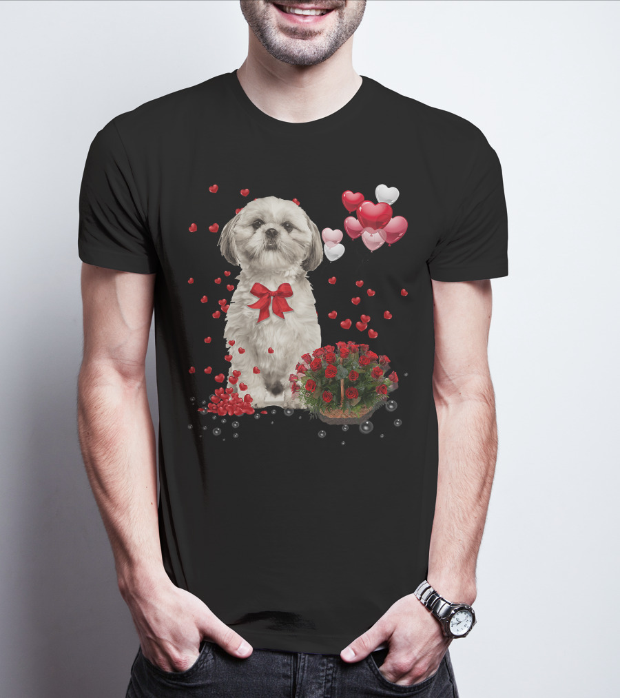 Shih Tzu Valentines Day Funny Dog Lover Happy Vale Roses Hearts Balloons T-Shirt