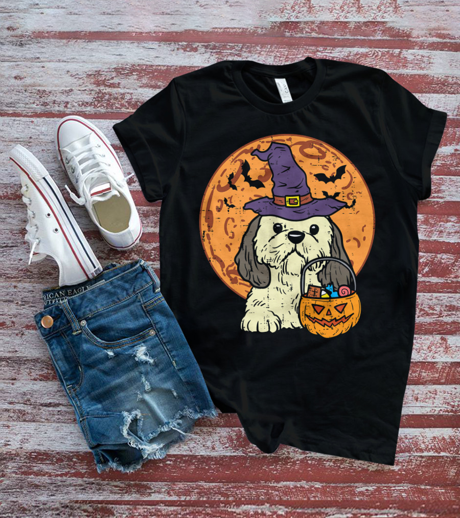 Shih Tzu Witch Hat Moon Jack O Lantern Halloween Dog T-Shirt