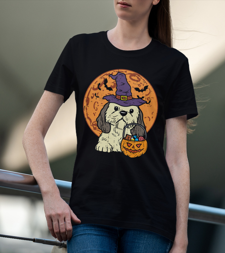 Shih Tzu Witch Hat Moon Jack O Lantern Halloween Dog T-Shirt