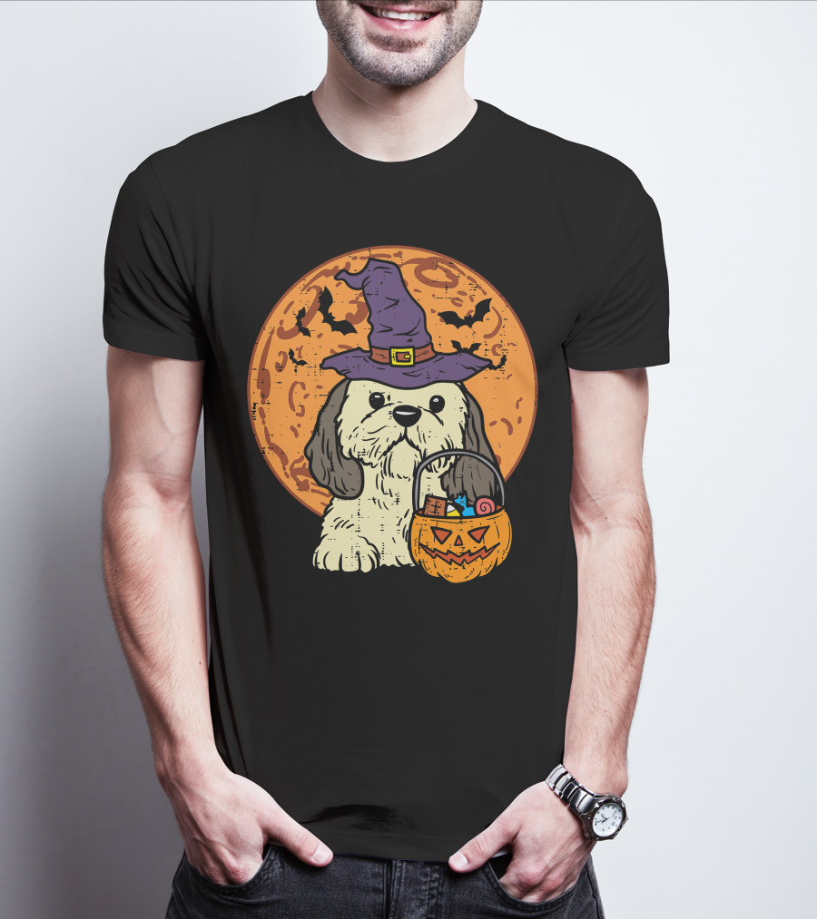 Shih Tzu Witch Hat Moon Jack O Lantern Halloween Dog T-Shirt