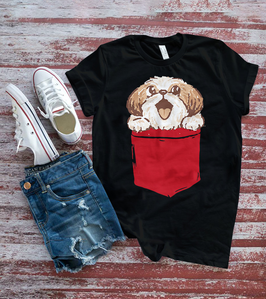 Shih-Tzu Puppy Dog Peeking Out Of Red Pocket T-Shirt