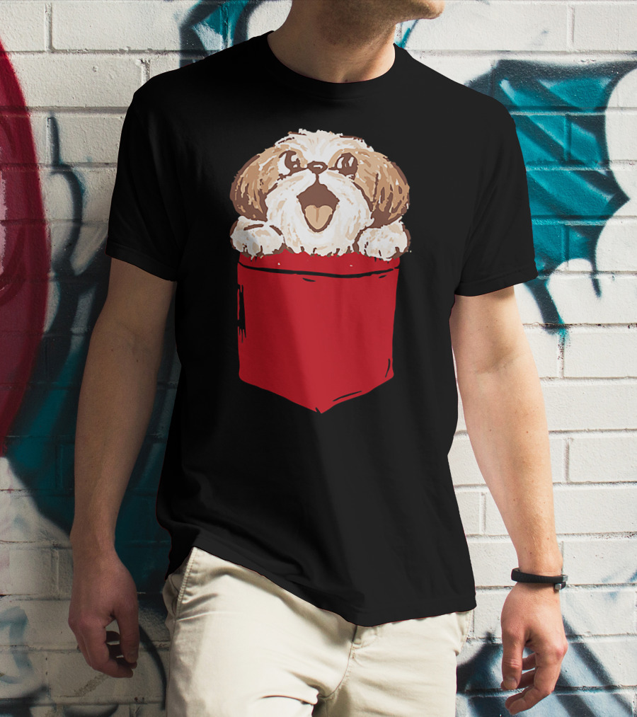 Shih-Tzu Puppy Dog Peeking Out Of Red Pocket T-Shirt