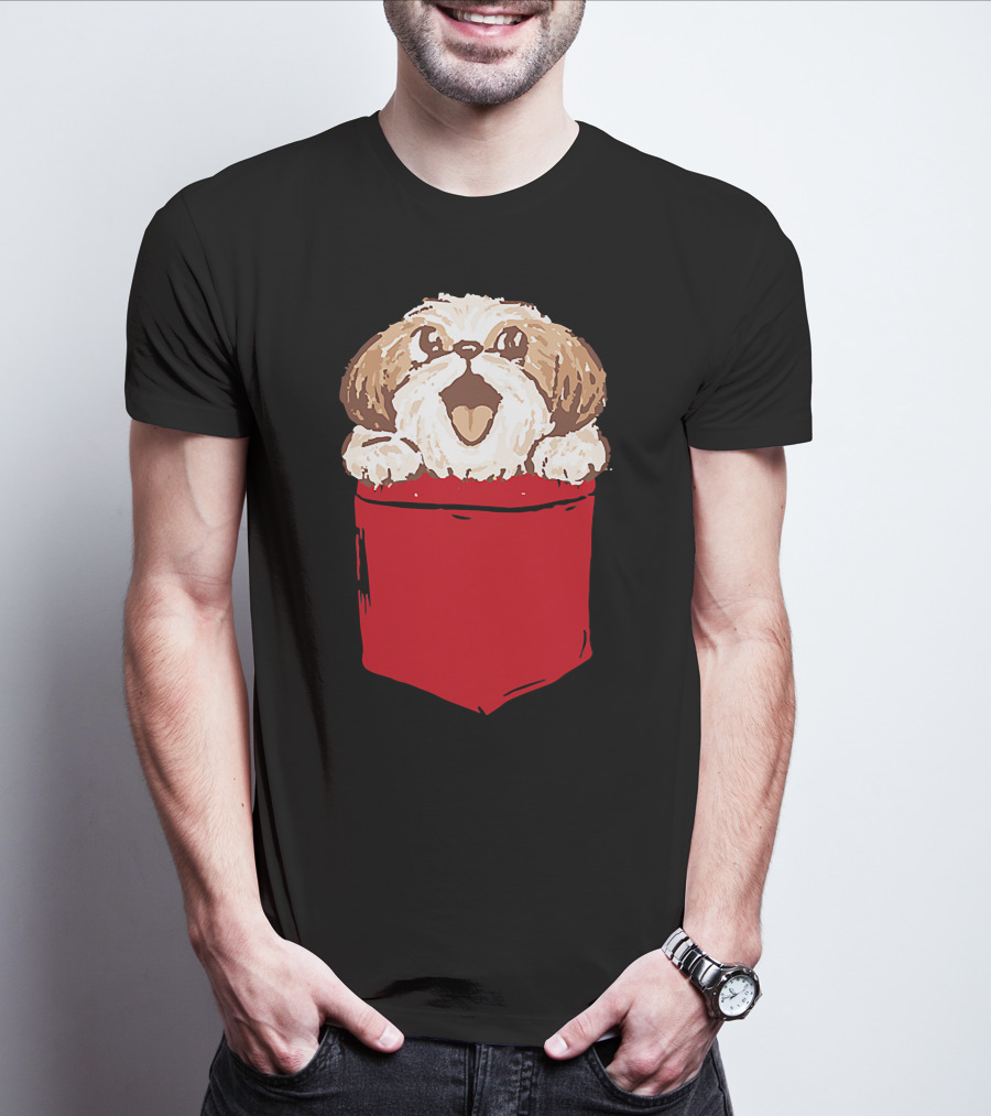 Shih-Tzu Puppy Dog Peeking Out Of Red Pocket T-Shirt
