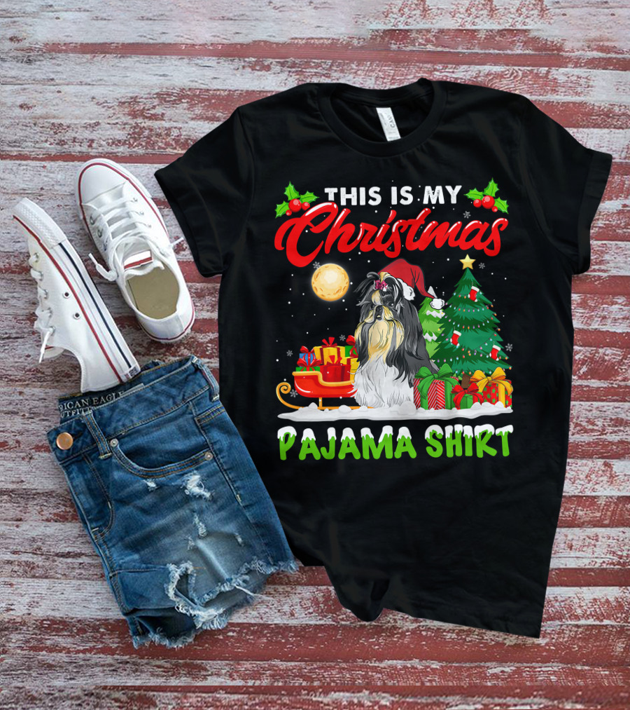 Christmas Pajama Shih Tzu Dog With Santa Hat And Presents T-Shirt