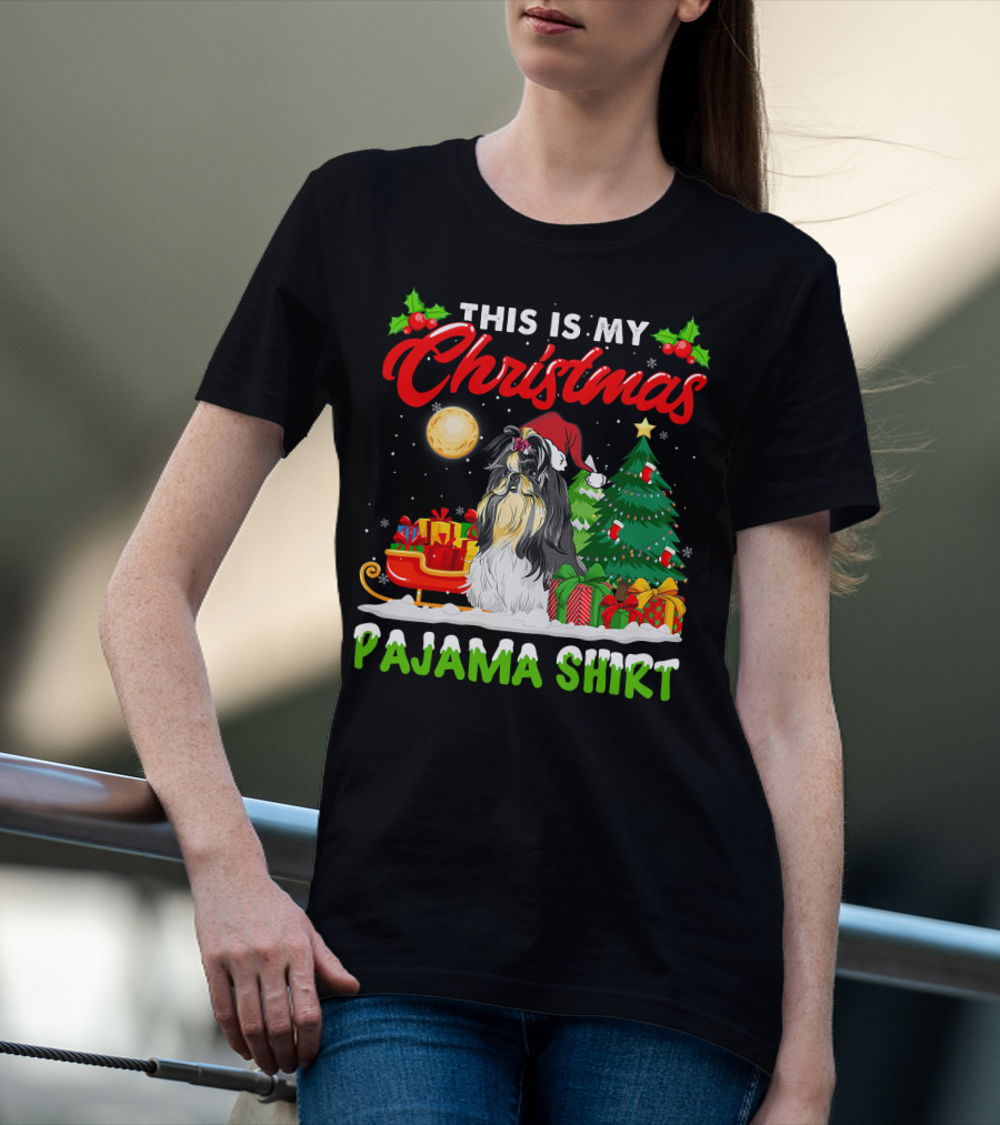Christmas Pajama Shih Tzu Dog With Santa Hat And Presents T-Shirt