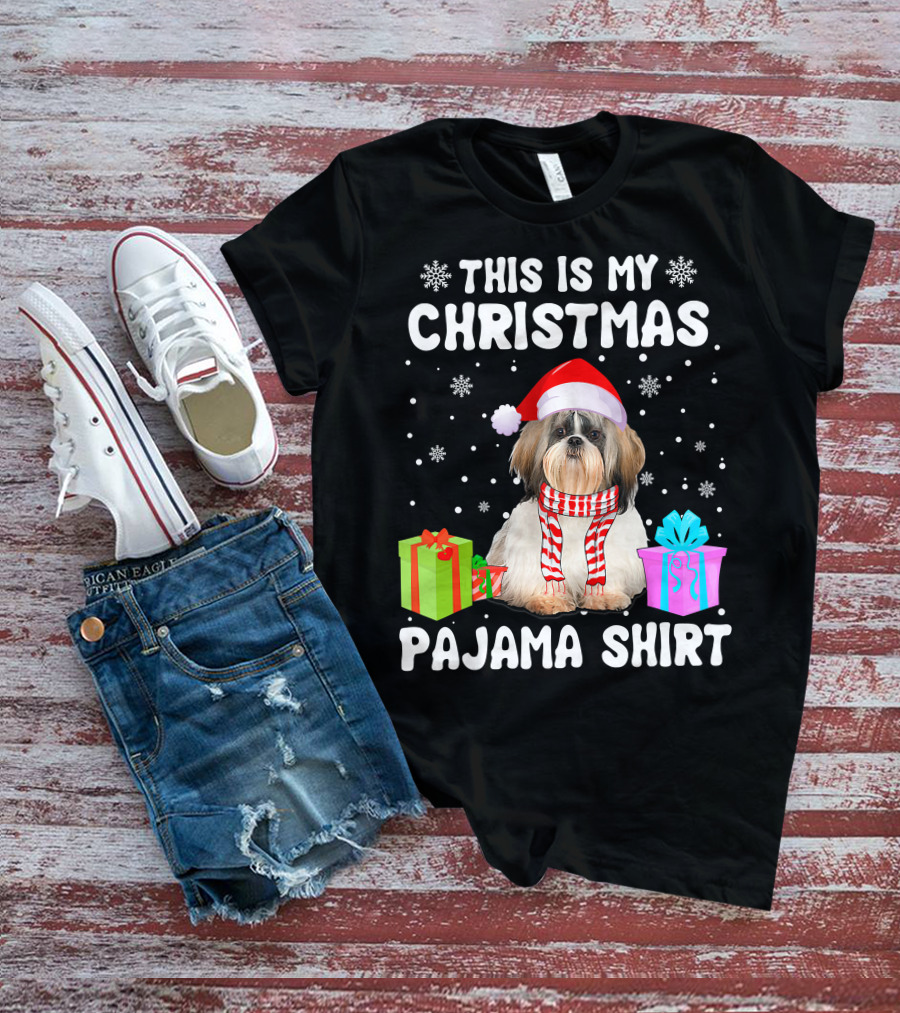 This Is My Christmas Shih Tzu Dog Pajama Puppy Love Santa Hat Presents T-Shirt