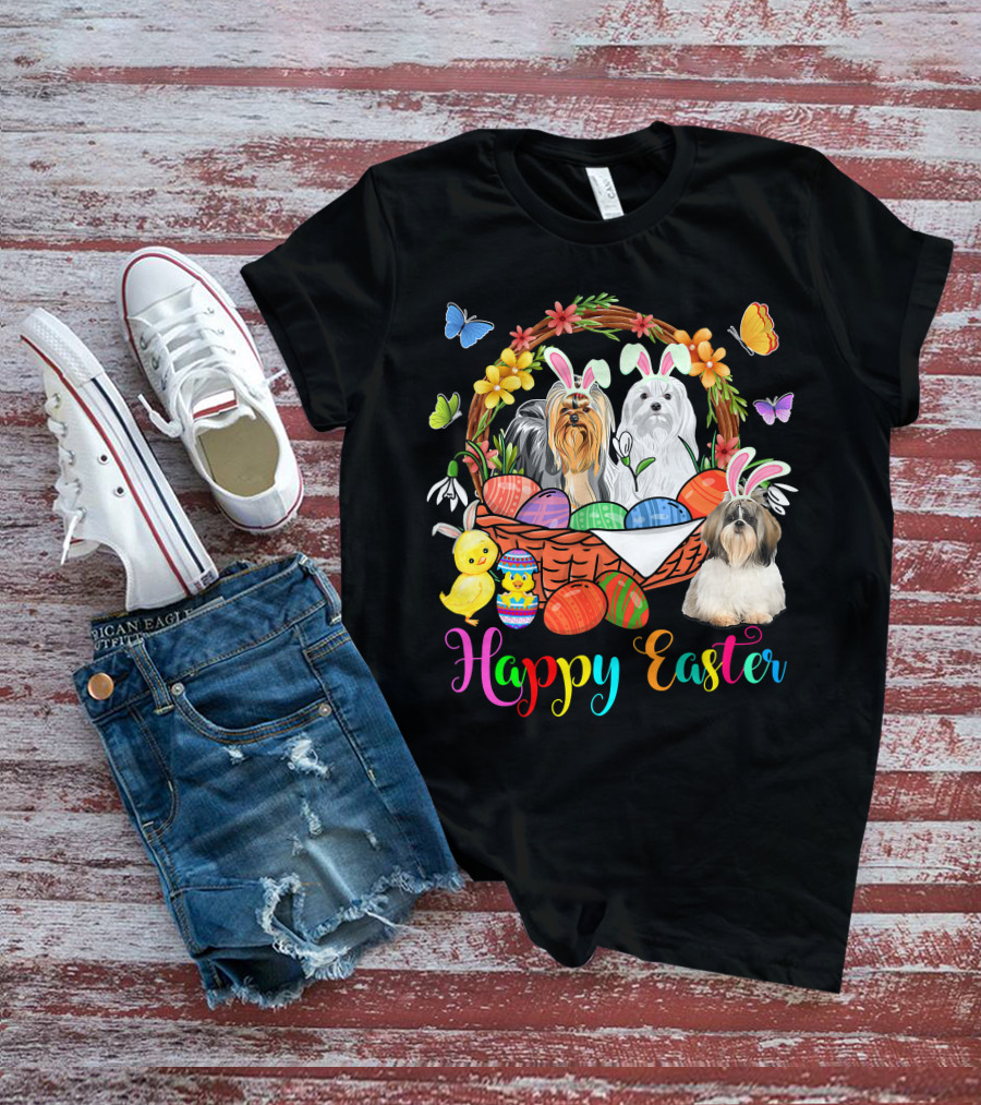Happy Easter Three Bunny Shih Tzu Dogs In Easter Eggs Basket With Butterflies And Flowers T-Shirt