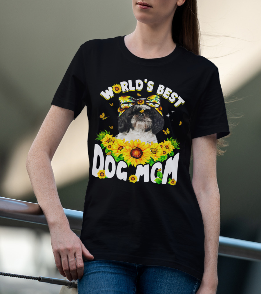 World's Best Shih Tzu Dog Mom Sunflowers And Butterflies T-Shirt