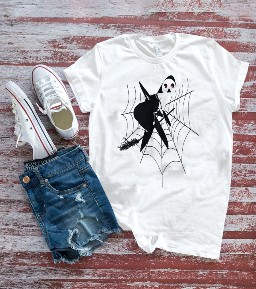 The Witch's House Spiderweb Logo Black Cat And Broomstick Silhouette Halloween T-Shirt