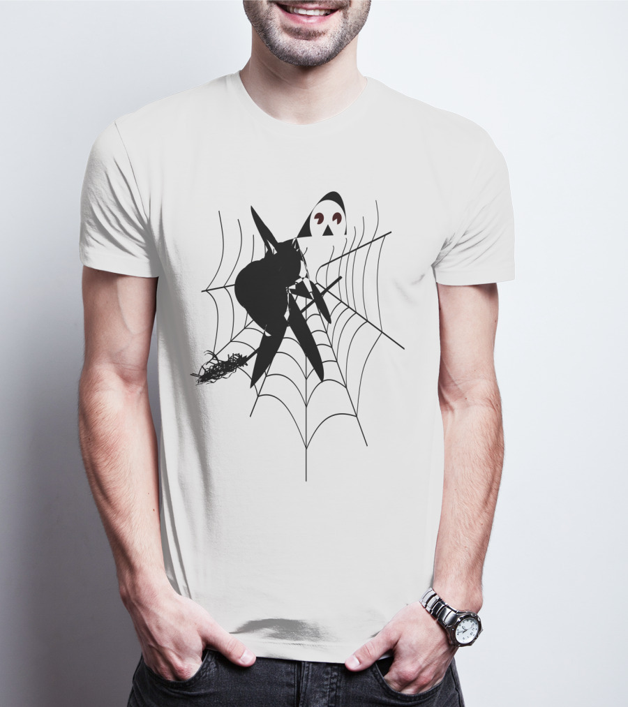 The Witch's House Spiderweb Logo Black Cat And Broomstick Silhouette Halloween T-Shirt
