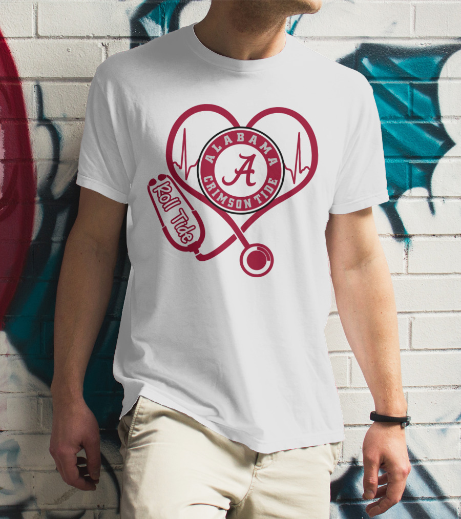 Alabama Crimson Tide Nurse Roll Tide Heartbeat Stethoscope T-Shirt