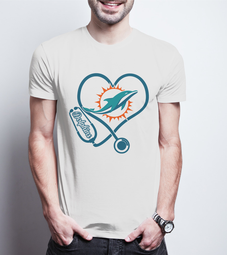Nurse Heartbeat Miami Dolphins Stethoscope T-Shirt